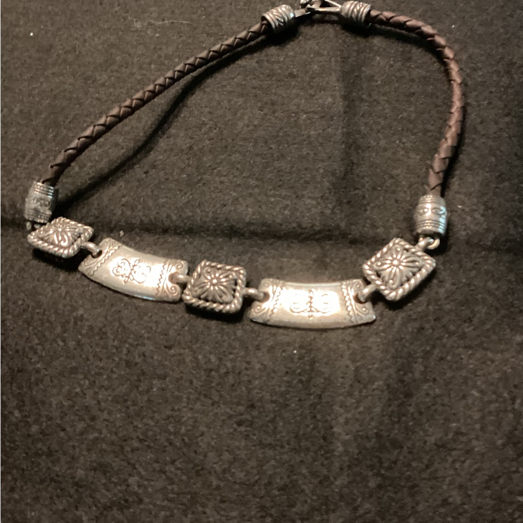 Leather And Silver Tone Necklace